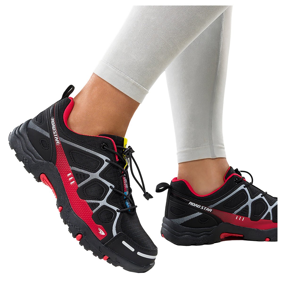 Czarne buty sportowe trekkingowe damskie na bieżnikowanej podeszwie z regulowaną elastyczną sznurówką bordowe wstawki Casu 2101-9W-36