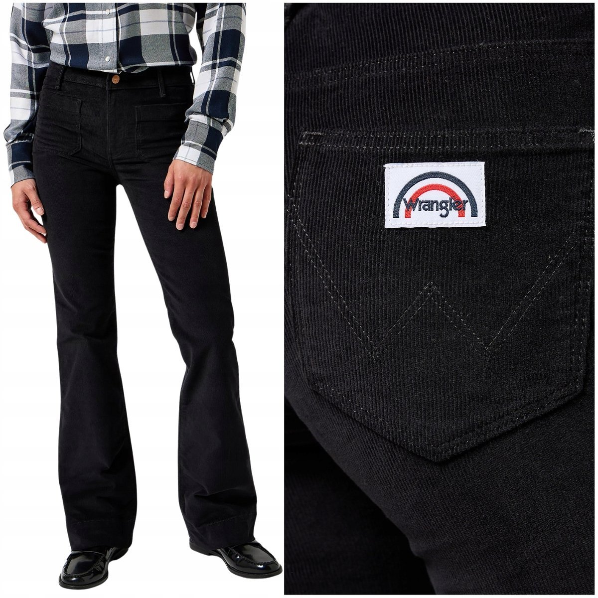 Wrangler FLARE Black czarne damskie spodnie sztruksy dzwony W27 L30