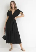 Sukienki - Czarna Rozkloszowana Sukienka z Falbaną Atina - miniaturka - grafika 1
