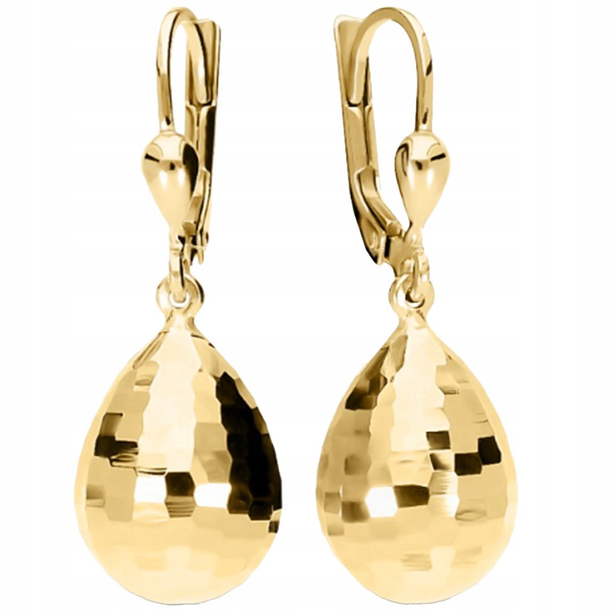 Złote kolczyki 585 wiszące migdały z diamentowaniem błyszczące krople 3D