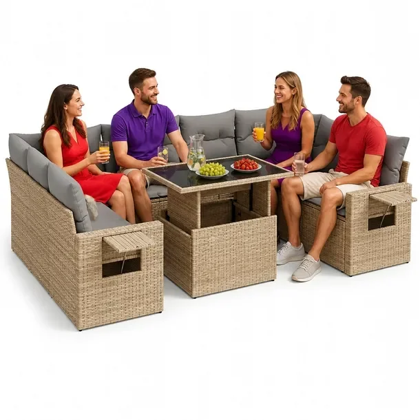 Beżowy zestaw wypoczynkowy z rattanem PE, wymiary: 55 x 62 x 69 cm