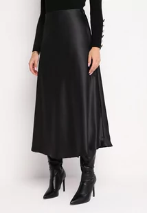 Czarna Rozkloszowana Midi Spódnica Satynowa Zapinana na Suwak z Gumką w Pasie Williwarne - Spódnice - miniaturka - grafika 1