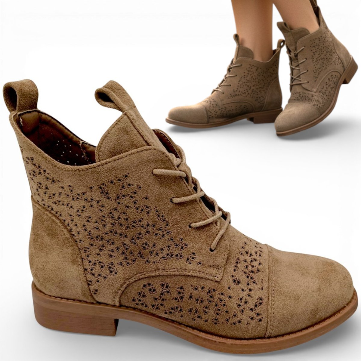 Damskie Kowbojki Płaskie Botki Ażurowe Modne Zamszowe Wiosenne Barski 39