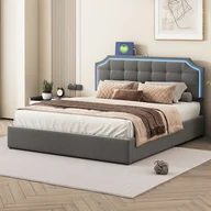 Łóżka - Łóżko tapicerowane Fortuna Lai 140x200cm z 2 USB, łóżko na sprężynach skrzyniowych podwójne łóżko z miejscem do przechowywania i ramą z listew, łóżko młodzieżowe z Led, łóżko z litego drewna funkcjonalne łóżko, aksamit, szary - miniaturka - grafika 1