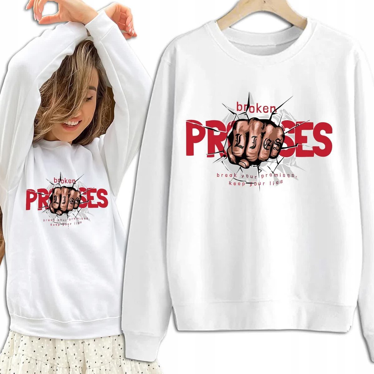 Bluza Damska Biała Dresowa BROKEN PROMISES Kobiece Dziewczęce Wzory Rozm S