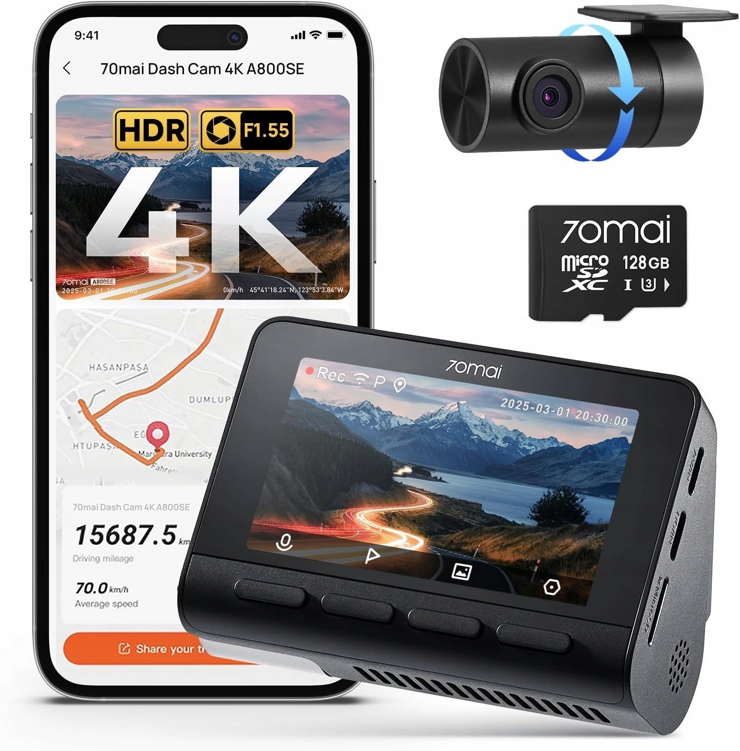 70mai A800SE 4K 2160p z GPS WiFi SD 128 GB 24/7