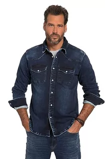 Koszule męskie - JP 1880 Męska koszula dżinsowa, Flexnamic, denim, długi rękaw, kołnierz kent, nowoczesny krój basic, styl westernowy, Blue Denim, 4XL - grafika 1