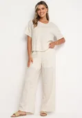 Komplety damskie - Beżowy Komplet T-shirt i Szerokie Spodnie Zdobiony Wyszywanymi Kwiatami Namsaria - miniaturka - grafika 1