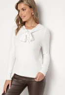 Swetry damskie - Biały Prążkowany Sweter z Wiskozą Zdobiony Cyrkoniami i Wiązaniem Maltinnia - miniaturka - grafika 1