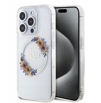 Guess Pc/Tpu Flowers Ring Glossy Logo Magsafe Case For Iphone 14 Pro Transparent