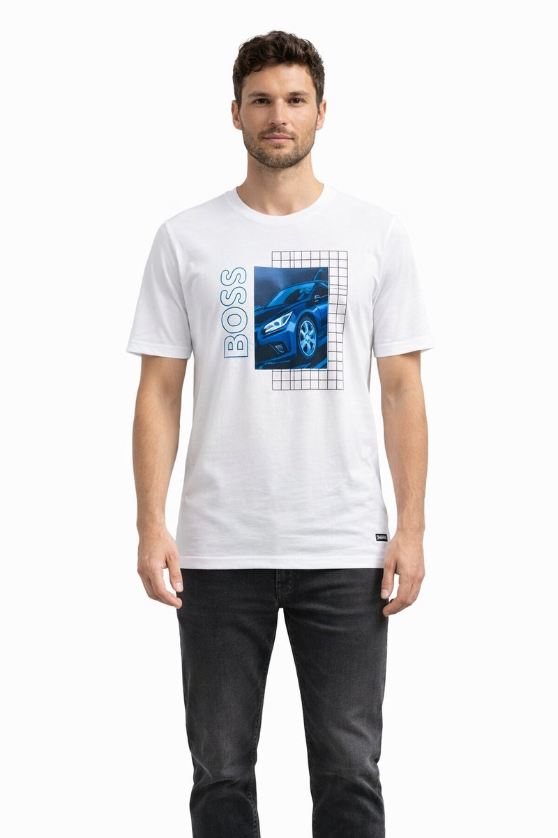 BOSS BIAŁY T SHIRT MĘSKI Z NIEBIESKIM NADRUKIEM I OKRĄGŁYM DEKOLTEM L 1I4A