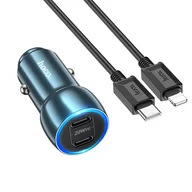 Akcesoria do smartwatchy - HOCO ładowarka samochodowa 2x Typ C + kabel Typ C do iPhone Lightning 8-pin PD 40W Z48 niebieski - miniaturka - grafika 1