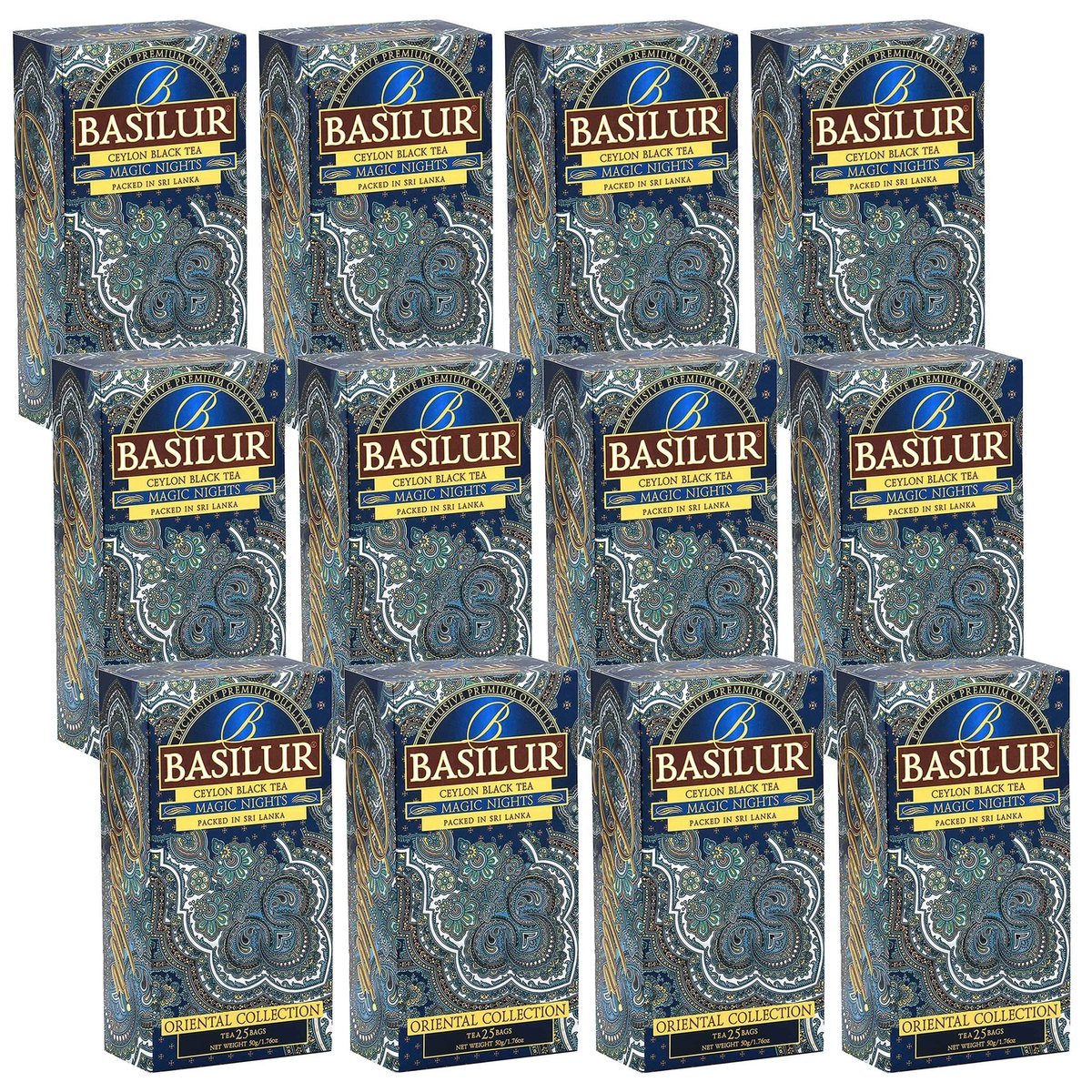 BASILUR Magic Nights Czarna herbata cejlońska z dodatkiem aromatu truskawki, moreli, ananasa i papai, w saszetkach 25 x 2 g x12
