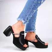 Klapki i japonki damskie - VINCEZA 66622 klapki damskie skórzane na klocku eleganckie czarne - miniaturka - grafika 1