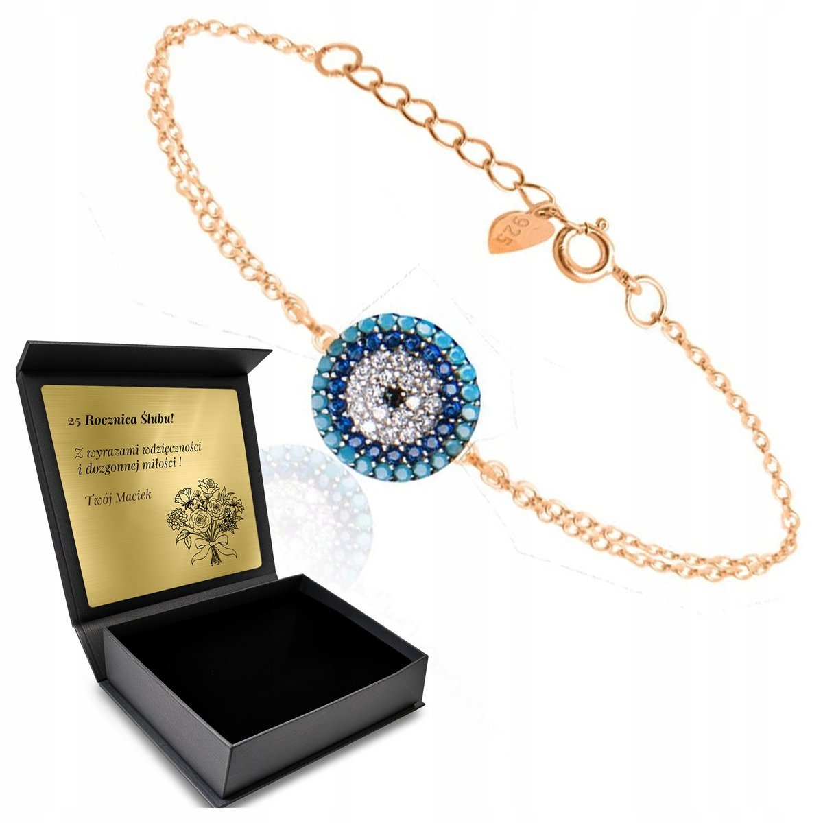 Bransoletka Srebrna Pozłacana Oko Proroka Turecki Talizman Grawer