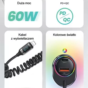 USAMS Ład. sam. C37 1xUSB+1xUSB-C 60W + kabel Ligtning 30W PD+QC Fast Charge czarny/black CC193CC01 (US-CC193) - Ładowarki samochodowe - miniaturka - grafika 2