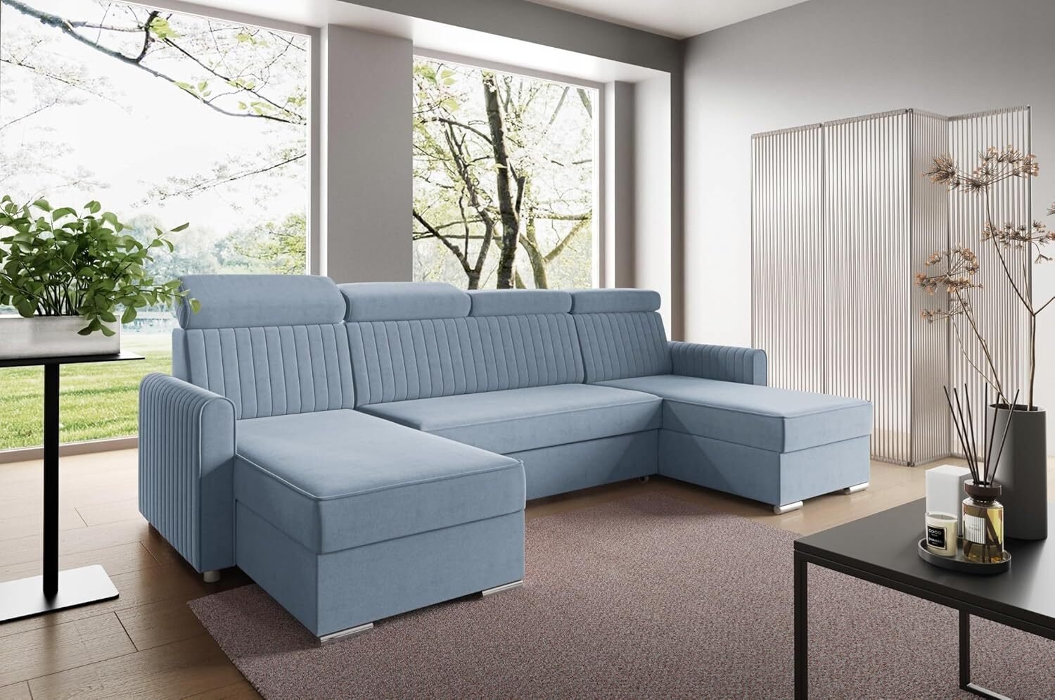 LIKMA Narożnik 274 cm Błękitny Rozkładany NELI Kształt U z Funkcją Spania (254x125 cm) i Pojemnikiem na Pościel Sofa z Regulowanymi Zagłówkami
