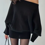 Swetry damskie - TEMU Sweter damski zimowy - dekolt off-shoulder/łódka, luźny krój, sylwetka H-line, jednokolorowa bluzka z długim rękawem, elegancka i casualowa - miniaturka - grafika 1