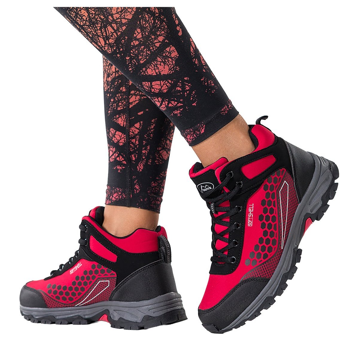 Czerwone buty trekkingowe damskie softshell z czarnymi dodatkami wysokie sznurowane Casu Y8186-5-41