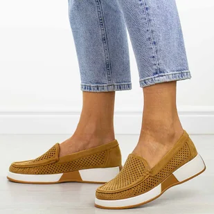 Camelowe ażurowe mokasyny damskie Sergio Leone Mk094 - Mokasyny damskie - miniaturka - grafika 1