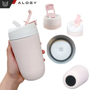 Kubek termiczny termos z ustnikiem słomką na kawę herbatę yerba mate 480ml bidon próżniowy Alogy Stalowy Różowy - Kubki termiczne - miniaturka - grafika 9
