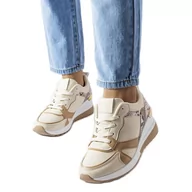 Sneakersy damskie - Inna Beżowe sneakersy na koturnie Leopoldo beżowy - miniaturka - grafika 1