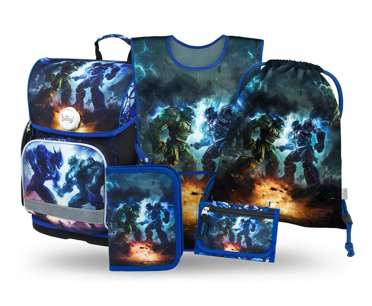Zestaw Szkolny 5w1 BAAGL Tornister szkolny Ergo Roboty Ergonomiczny 19L 27x39x17 cm Niebieski dla chłopca + Piórnik, Worek na buty, Fartuszek, Portfel