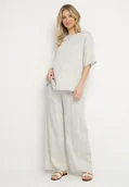 Komplety damskie - Jasnoszary Komplet z Wiskozą w Stylu Rustykalnym Bluzka i Szerokie Spodnie Ronilae - miniaturka - grafika 1