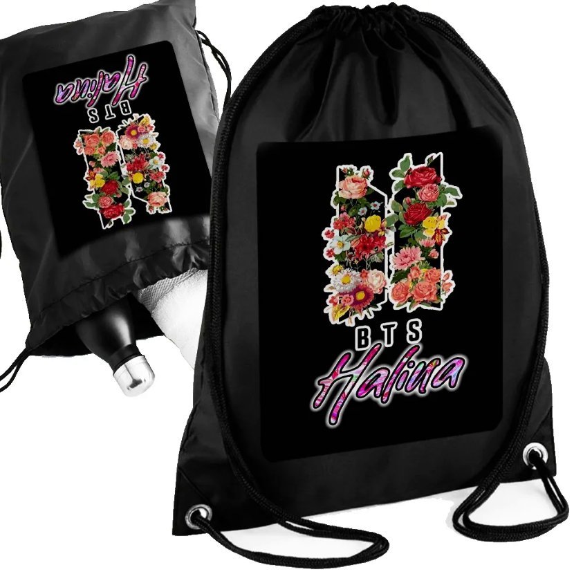 Personalizowany Czarny Worko-Plecak BTS BOYZ BAND Twoje Imię Nadruk Prezent