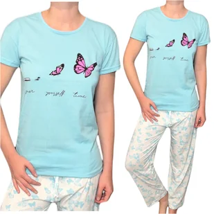 Urocza PIŻAMA DAMSKA długie spodnie krótki rękaw niebieski motyle M - Piżamy damskie - miniaturka - grafika 1