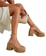 Sandały damskie - Sandały Brązowe Wiązane na Platformie 40 Łsg - miniaturka - grafika 1