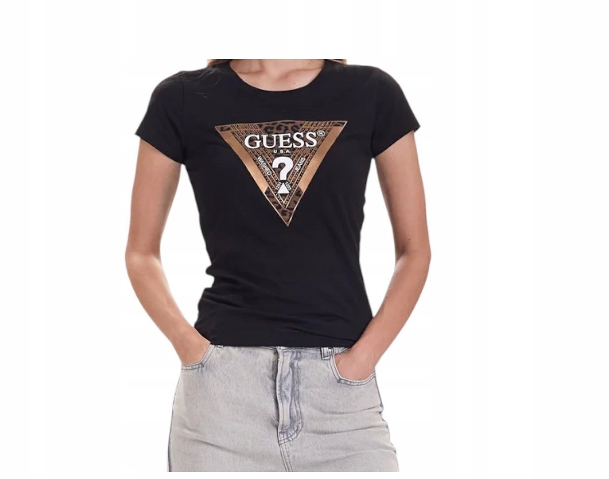 GUESS KOSZULKA DAMSKA T-SHIRT SS CN LEO TRIANGLE TEE CZARNA r.L