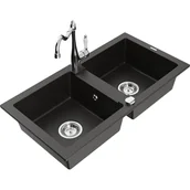 Zlewozmywaki z baterią - Mexen Mario zlewozmywak granitowy 2-komorowy z baterią kuchenną Carla, czarny/złoty metalik - miniaturka - grafika 1