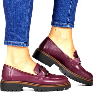 DAMSKIE MOKASYNY SKÓRZANE NA GRUBEJ PODESZWIE PÓŁBUTY Z OZDOBĄ SERGIO LEONE 25166-S BORDOWE - Mokasyny damskie - miniaturka - grafika 1