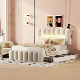 Łóżko tapicerowane Flieks 140x200 cm z USB i głośnikiem Bluetooth, łóżko do przechowywania z listwowym stelażem, łóżko młodzieżowe z LED i 4 szufladami, łóżko podwójne aksamitne, beżowe - Łóżka - miniaturka - grafika 1