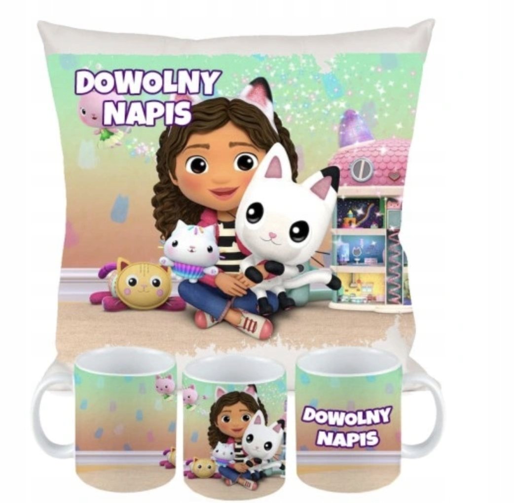 ZESTAW PODUSZKA + KUBEK Prezent KOCI DOMEK GABI Bajka Gabi Kotki + IMIĘ 16