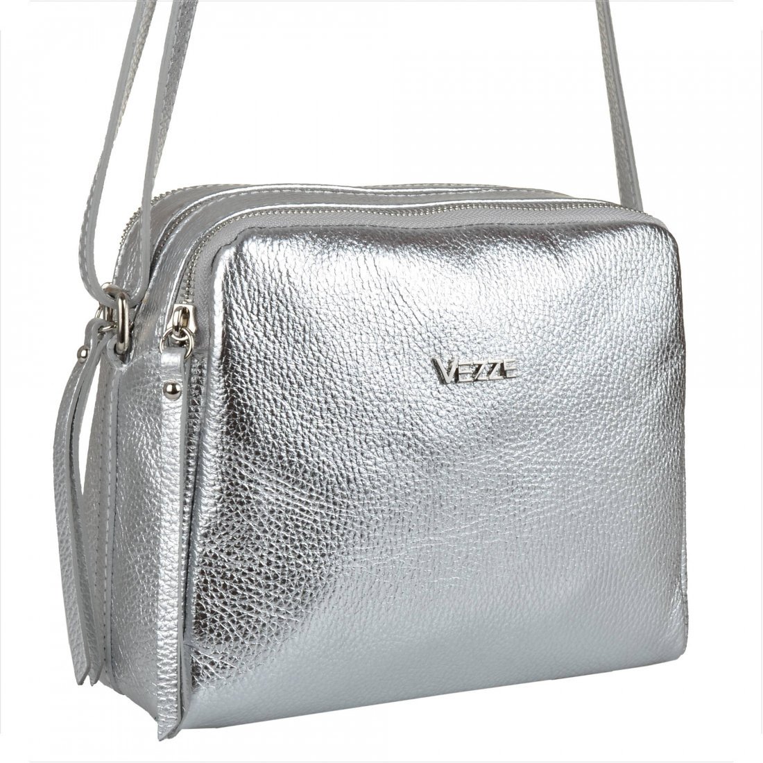 Modna skórzana listonoszka damska M srebrna