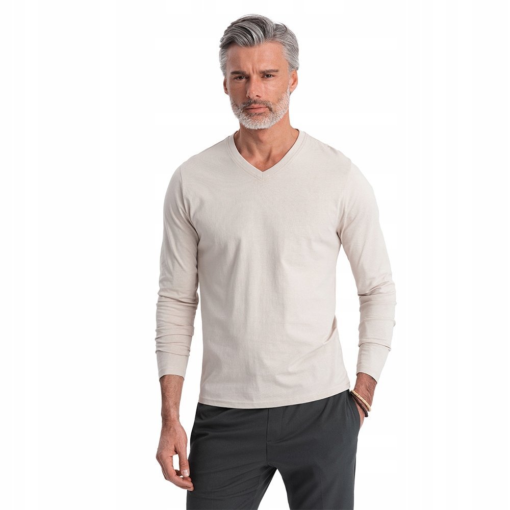 Longsleeve męski 100% bawełna jasnobeżowy serek Ombre V1 OM-LSBL-0108 r XL
