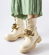 Botki damskie - Beżowe traperki z łańcuchem Galar-36 - miniaturka - grafika 1
