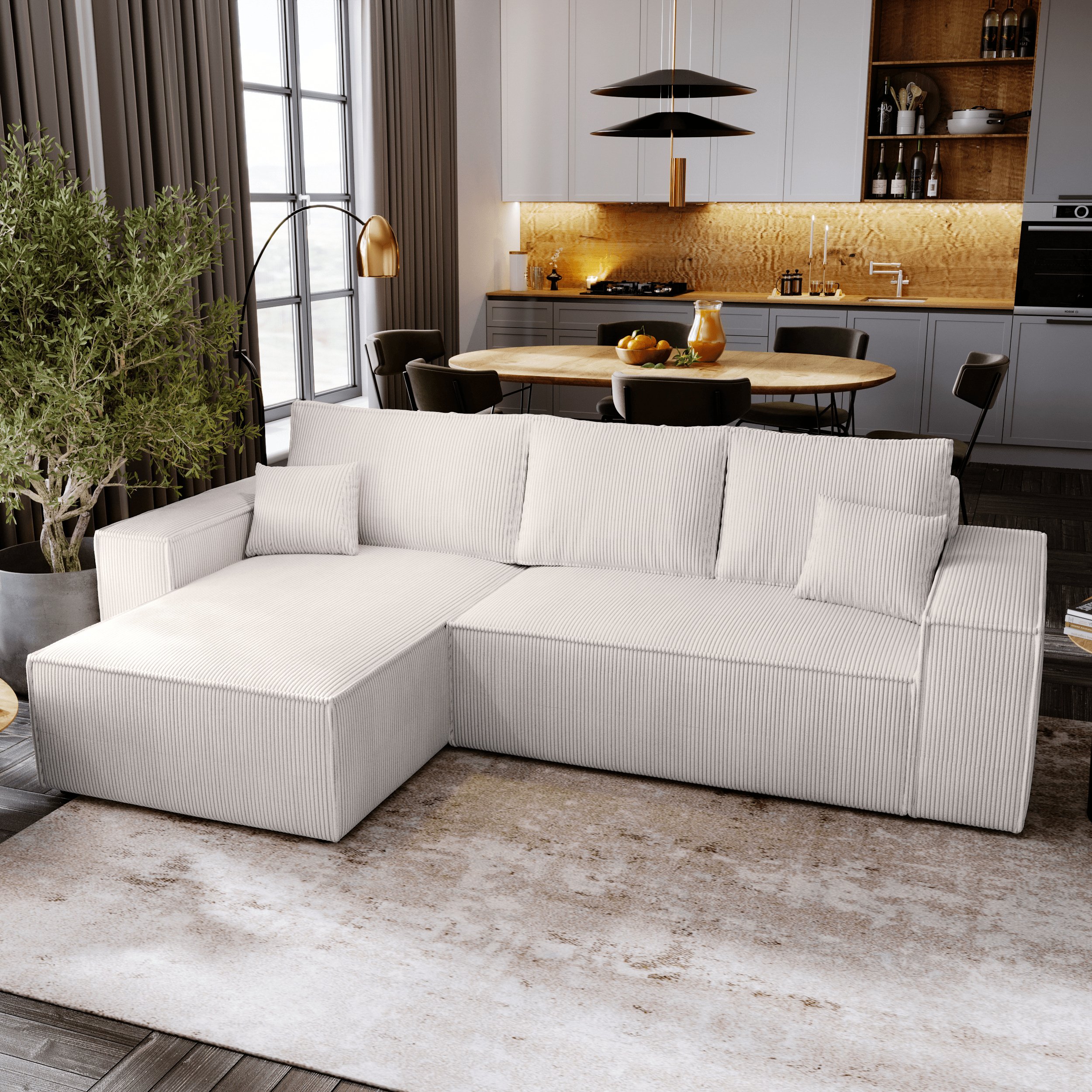 Narożnik z funkcją spania Majorka L - sofa 280 cm z pojemnikiem na pościel, narożnik w kształcie litery L, sofa rozkładana, szybka dostawa & beżowy - Poso 100