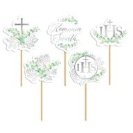 Dekoracje i nakrycia stołu na imprezę - Pikery do babeczek Komunia Święta Eukaliptus srebrne, 5 szt. - miniaturka - grafika 1