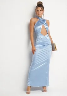 Jasnoniebieska Satynowa Sukienka Wiązana na Szyi z Wycięciem pod Biustem i Różyczką Roneza - Sukienki - miniaturka - grafika 1