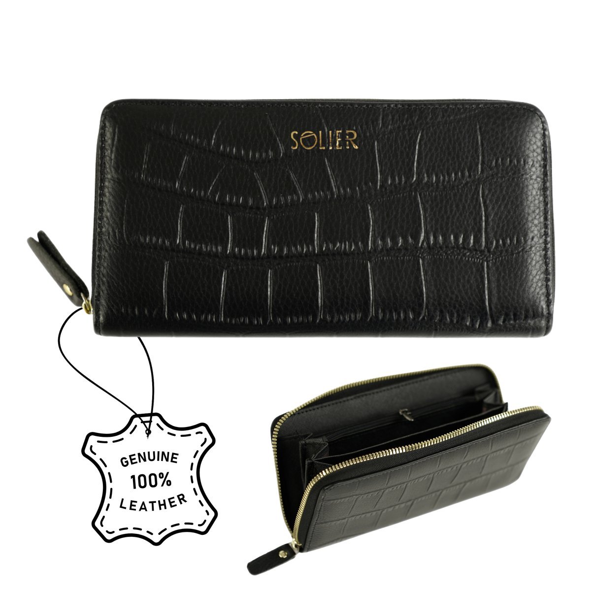 Skórzany portfel damski Solier SW52 czarny – klasyczny model z przegródkami