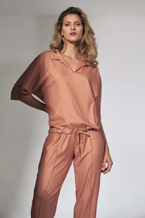 Luźna Bluzka w Szpic z Kołnierzykiem  - Pomarańczowa - Bluzki damskie - miniaturka - grafika 1