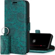 Etui i futerały do telefonów - SURAZO Etui na telefon komórkowy Apple iPhone 15 Slim z magnesem – składane etui ochronne z prawdziwej skóry [przegródka na karty, ochrona RFID, kwiatowy wzór] etui z klapką (turkusowe) - miniaturka - grafika 1