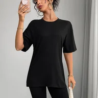 Bluzki damskie - TEMU Koszulka Damska Casual z Okrągłym Dekoltem i Krótkim Rękawem - Jednokolorowa Czarna, Średnio Elastyczna, na Każdą Porę Roku, Silueta H-Line, - miniaturka - grafika 1