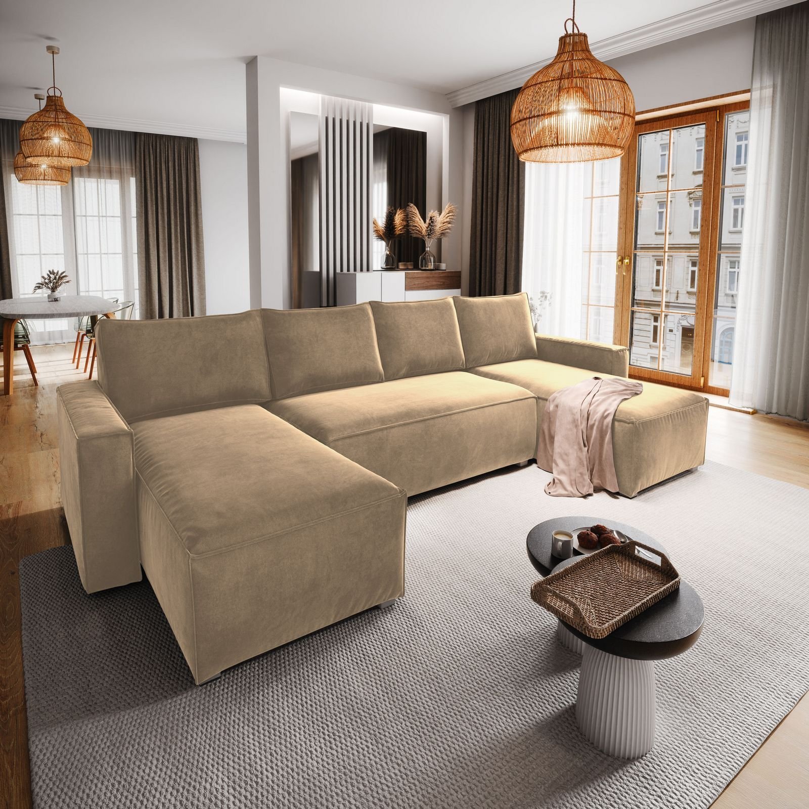 Masseno Narożnik DENI z funkcją spania i pojemnikiem na pościel Kształt U, Rozkładana sofa, Rogówka - Kremowy, MONOLITH 04