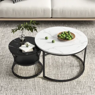 Fortuna Lai stolik kawowy 2 w 1 o wyglądzie marmuru zestaw 2 stolików bocznych z półką, Ø 70 x 45/Ø 45 x 40 cm, metalowa rama, czarny - Ławy i stoliki kawowe - miniaturka - grafika 1