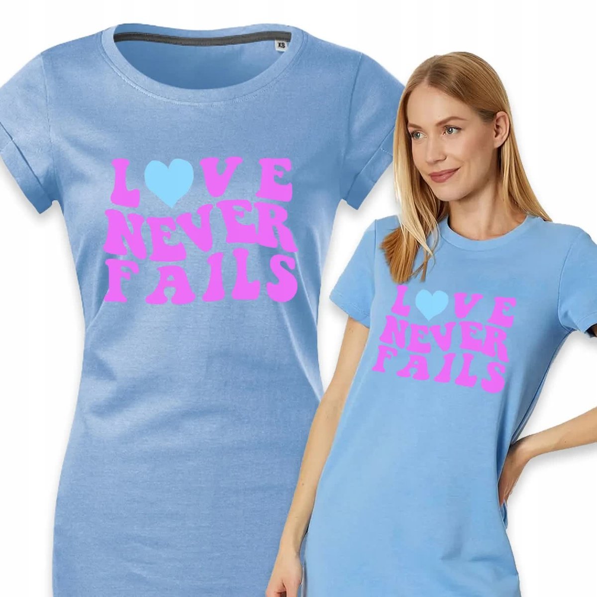 PIŻAMA DAMSKA BŁĘKITNA Koszula Nocna Na Prezent LOVE NEVER FAILS Wzory - M