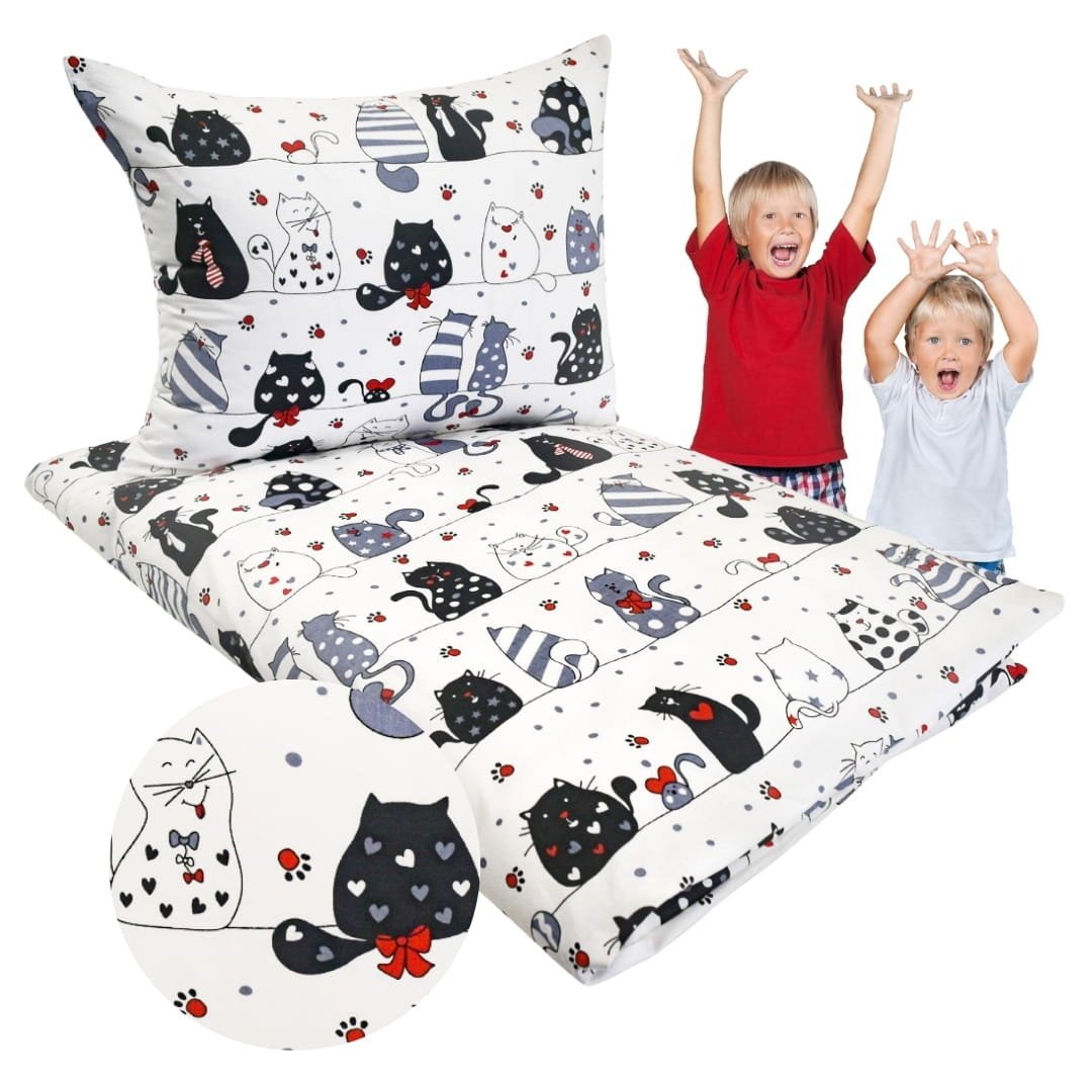 Komplet Pościeli Dziecięcej 90x120 + 40x60 Szalone Koty Czerwone Na Białym 100% Bawełna Polski Producent